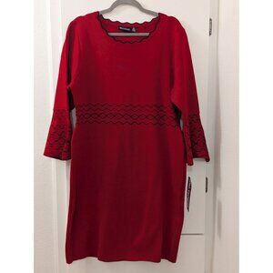 Red Bell Sleeve Knit Dress With Black Geometric Pattern By Nina Leonard  XL